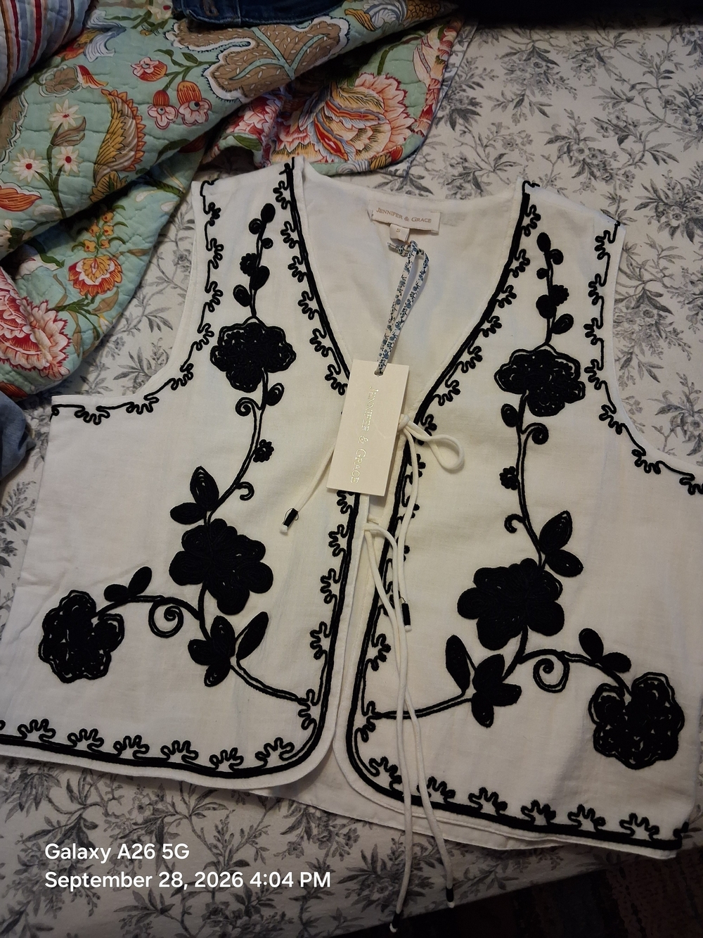 Jennifer & Grace White Sleeveless Embroidered Tie-Front Vest with Black Floral